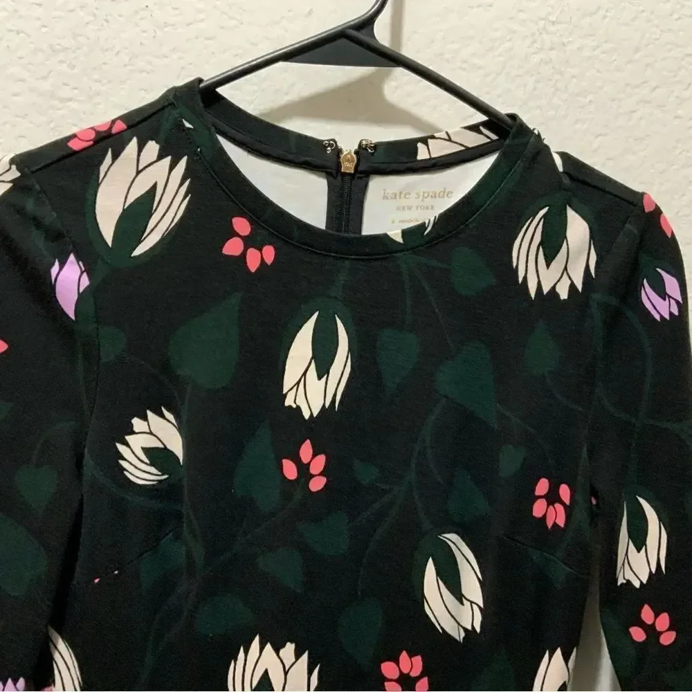 Kate Spade Long Bell Sleeve Floral Print Mini Dress Black Stretchy S